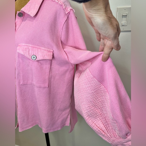 POL Oversized Button Down Waffle Knit Combo Top Pink Size Small - Picture 7 of 13